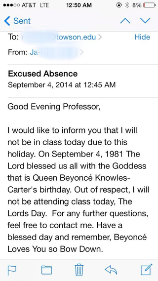 Illustration for article titled Student Uses Beyoncé's Birthday as an Excuse to Skip Class
